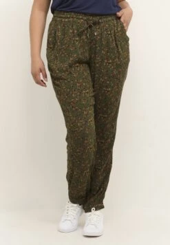 Kaffe CurveTygbyxor - Green Multi Col Flower Print